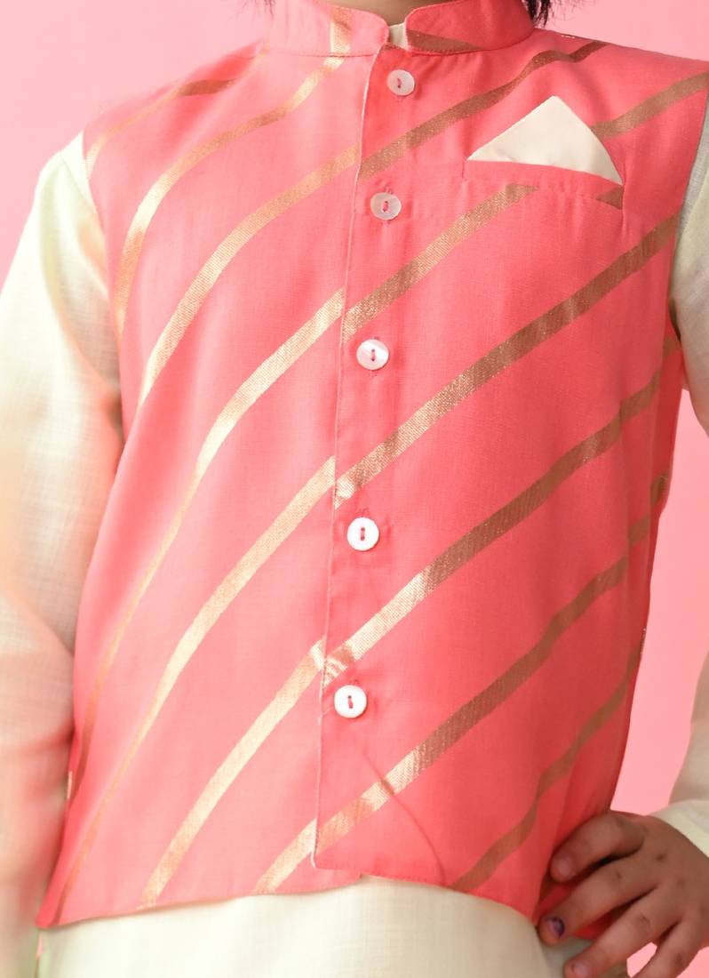 Saka Designs Boys Green Kurta Payjama With Peach & Gold Printed Jacket