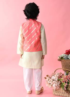 Saka Designs Boys Green Kurta Payjama With Peach & Gold Printed Jacket 4