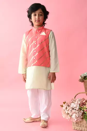 Saka Designs Boys Green Kurta Payjama With Peach & Gold Printed Jacket