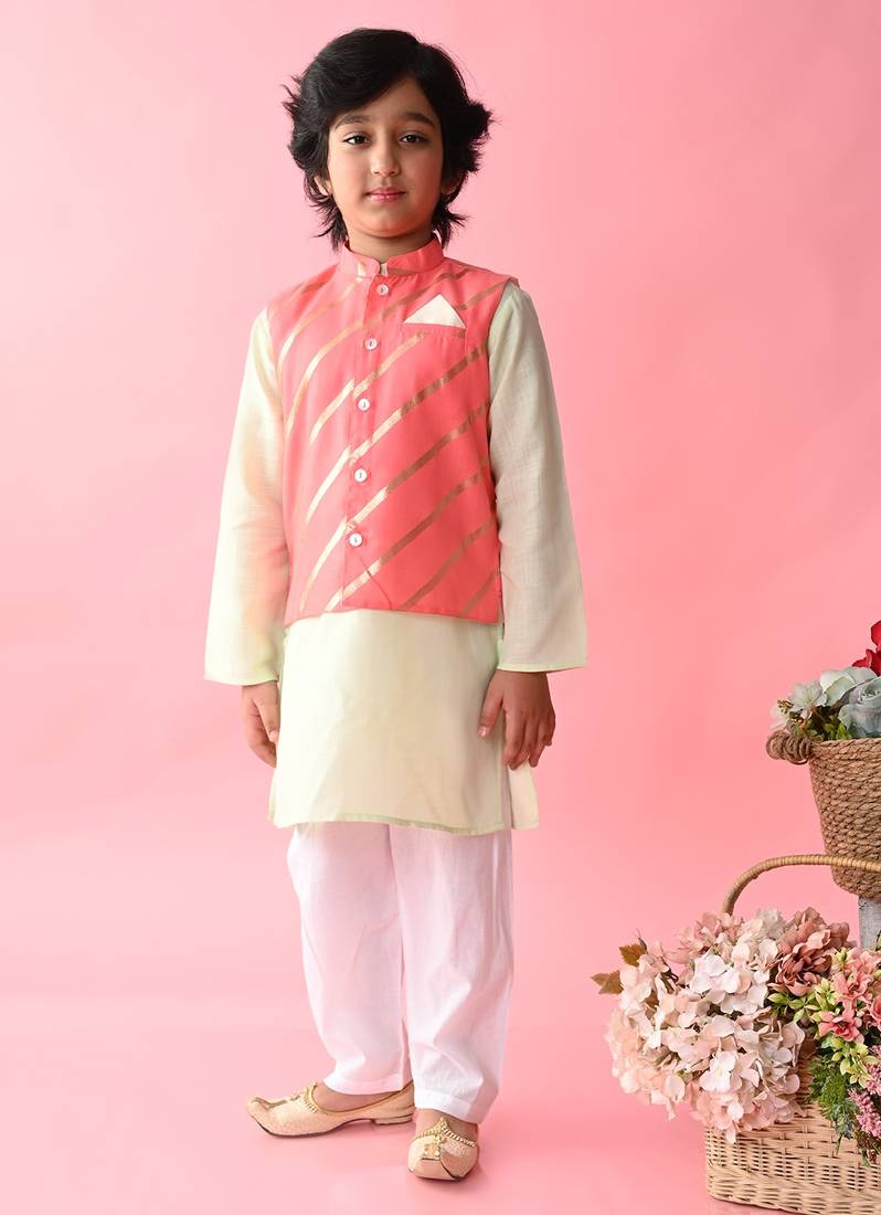 Saka Designs Boys Green Kurta Payjama With Peach & Gold Printed Jacket