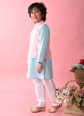 Saka Designs Boys Blue Kurta Payjama With Pink & Gold Printed Jacket 2