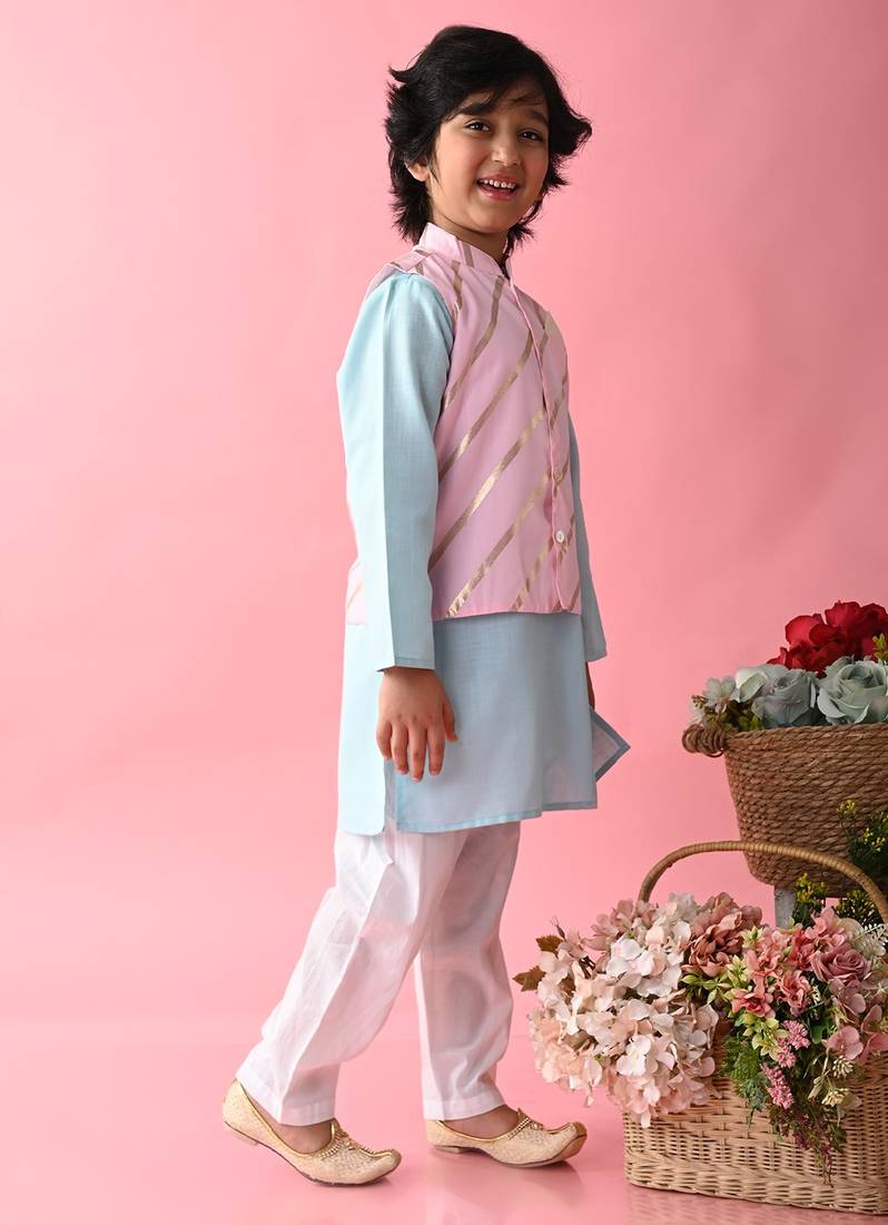 Saka Designs Boys Blue Kurta Payjama With Pink & Gold Printed Jacket