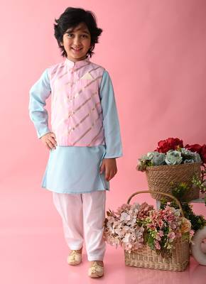 Saka Designs Boys Blue Kurta Payjama With Pink & Gold Printed Jacket 1