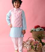 Saka Designs Boys Blue Kurta Payjama With Pink & Gold Printed Jacket