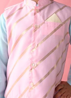Saka Designs Boys Blue Kurta Payjama With Pink & Gold Printed Jacket 5