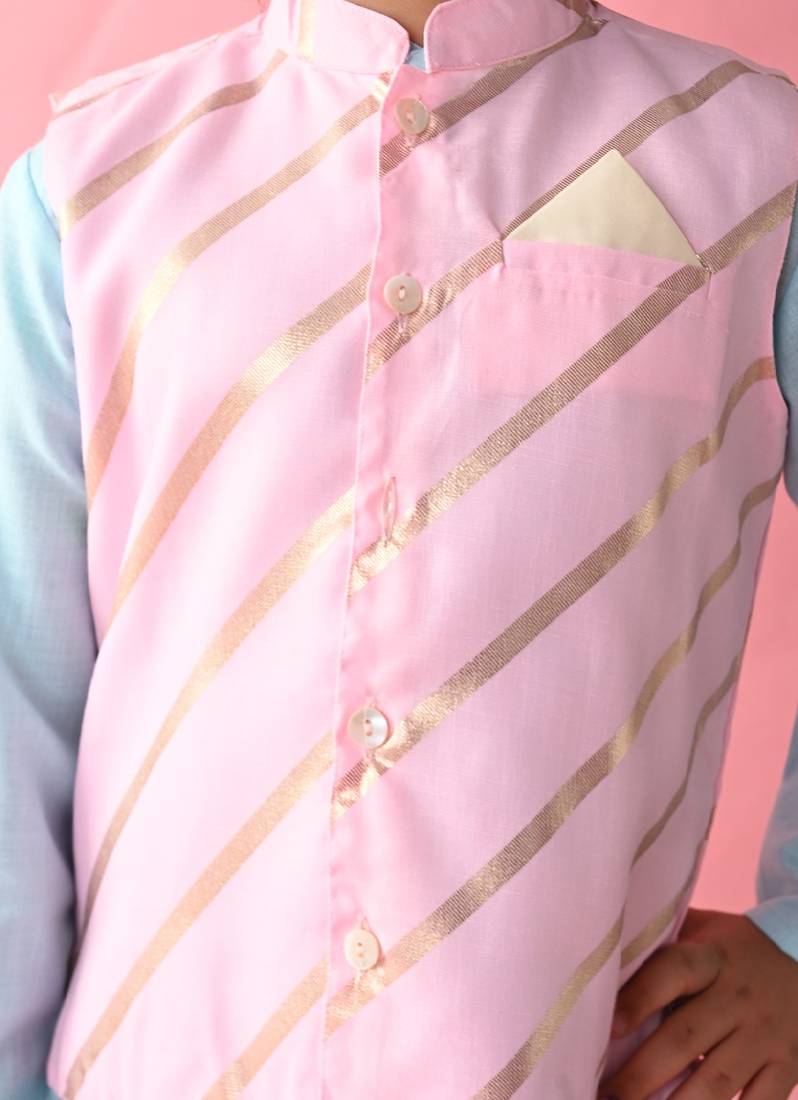 Saka Designs Boys Blue Kurta Payjama With Pink & Gold Printed Jacket