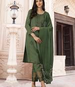 Green Cotton Rayon Embroidered Kurta Pant with Dupatta Salwar Suit 3 Pieces Set 