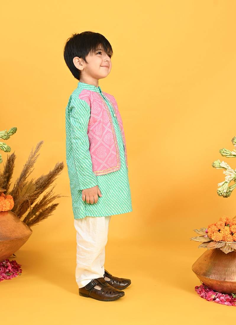 Saka Designs Boys Red Kurta With Floral Printed jacket & Payjama