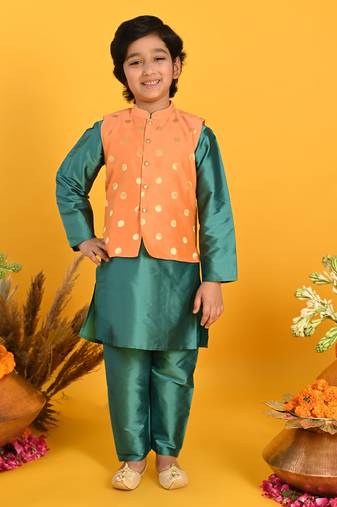 Saka Designs Boys White Kurta Payjama With Multicolour Jacket