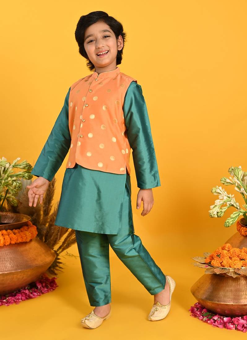 Saka Designs Boys White Kurta Payjama With Multicolour Jacket