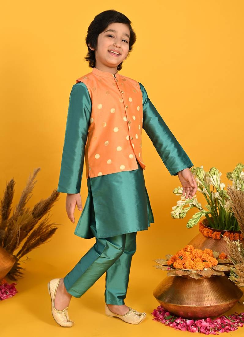 Saka Designs Boys White Kurta Payjama With Multicolour Jacket