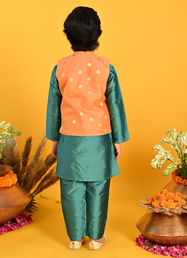 Saka Designs Boys White Kurta Payjama With Multicolour Jacket