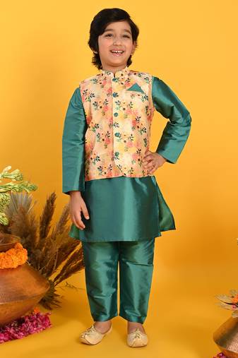 Saka Designs Boys Green Kurta With Floral Printed jacket & Payjama