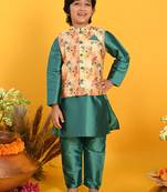Saka Designs Boys Green Kurta With Floral Printed jacket & Payjama