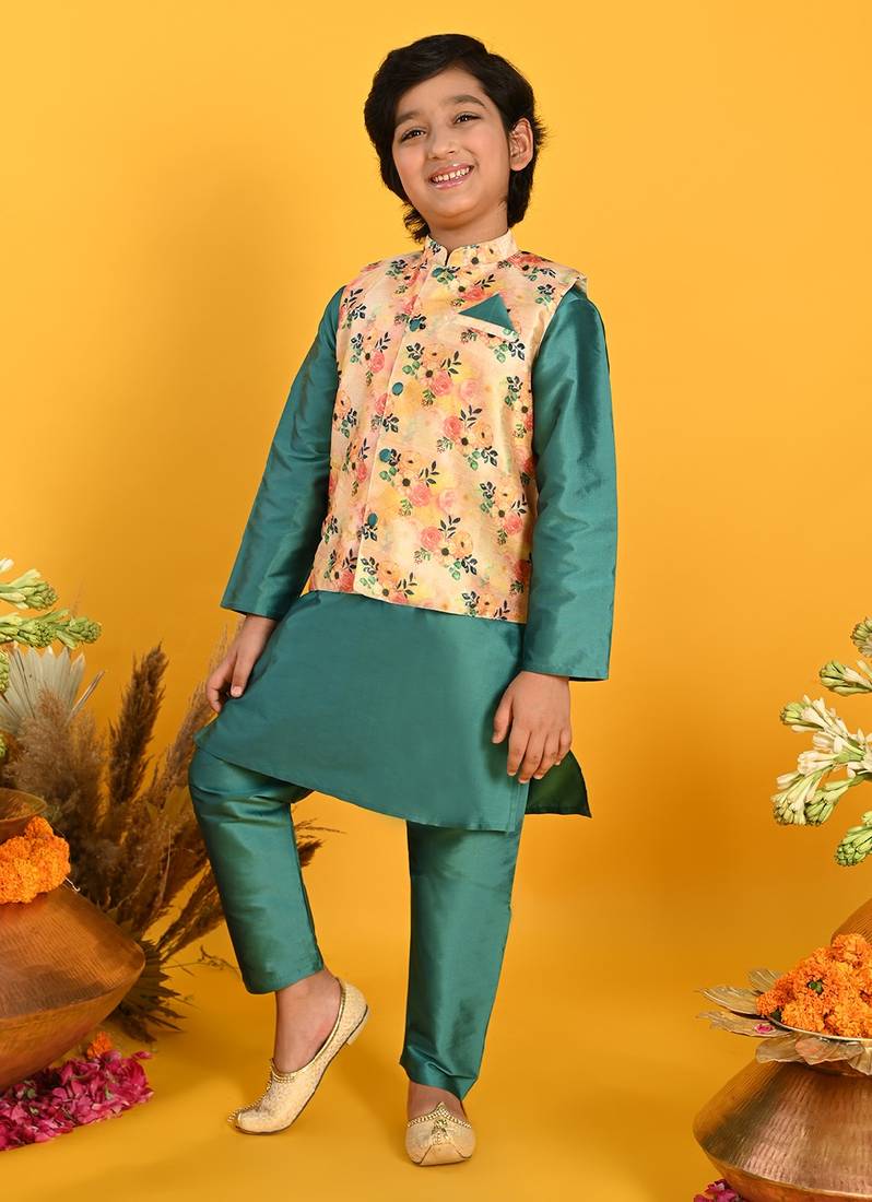 Saka Designs Boys Green Kurta With Floral Printed jacket & Payjama