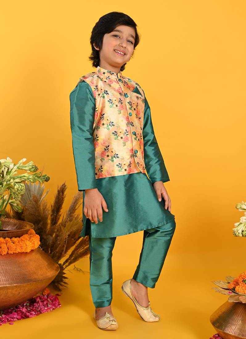 Saka Designs Boys Green Kurta With Floral Printed jacket & Payjama