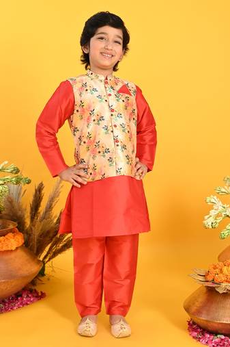 Saka Designs Boys Red Kurta With Floral Printed jacket & Payjama