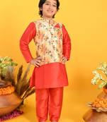 Saka Designs Boys Red Kurta With Floral Printed jacket & Payjama