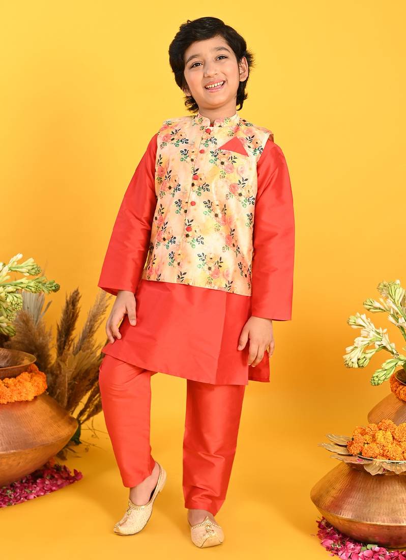 Saka Designs Boys Red Kurta With Floral Printed jacket & Payjama