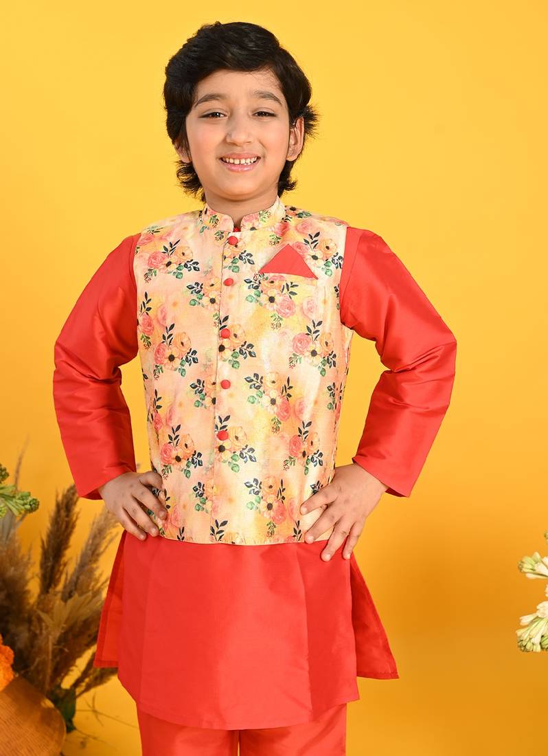 Saka Designs Boys Red Kurta With Floral Printed jacket & Payjama