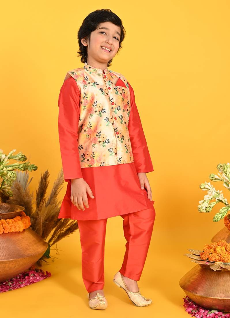 Saka Designs Boys Red Kurta With Floral Printed jacket & Payjama