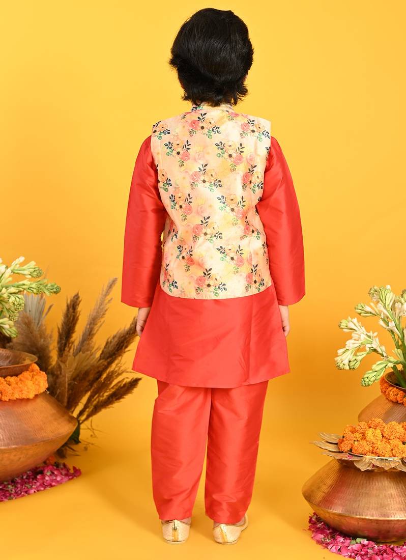 Saka Designs Boys Red Kurta With Floral Printed jacket & Payjama