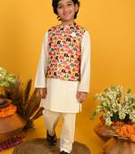 Saka Designs Boys Cream Kurta With Printed jacket & Payjama