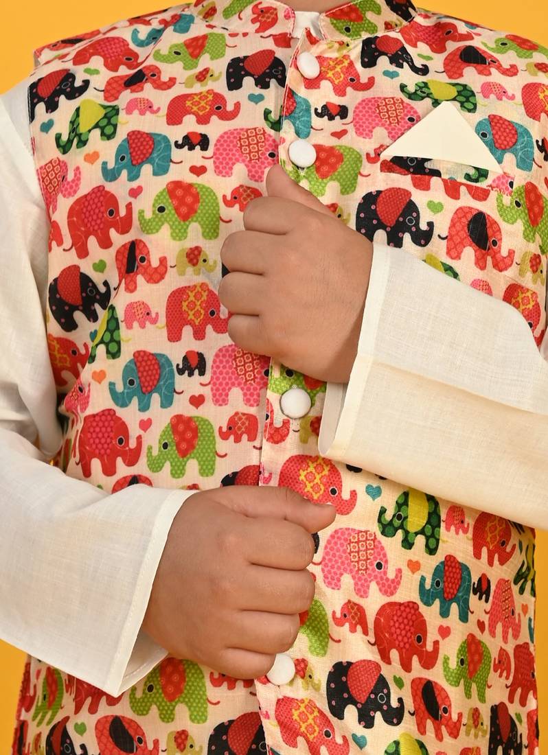 Saka Designs Boys Cream Kurta With Printed jacket & Payjama