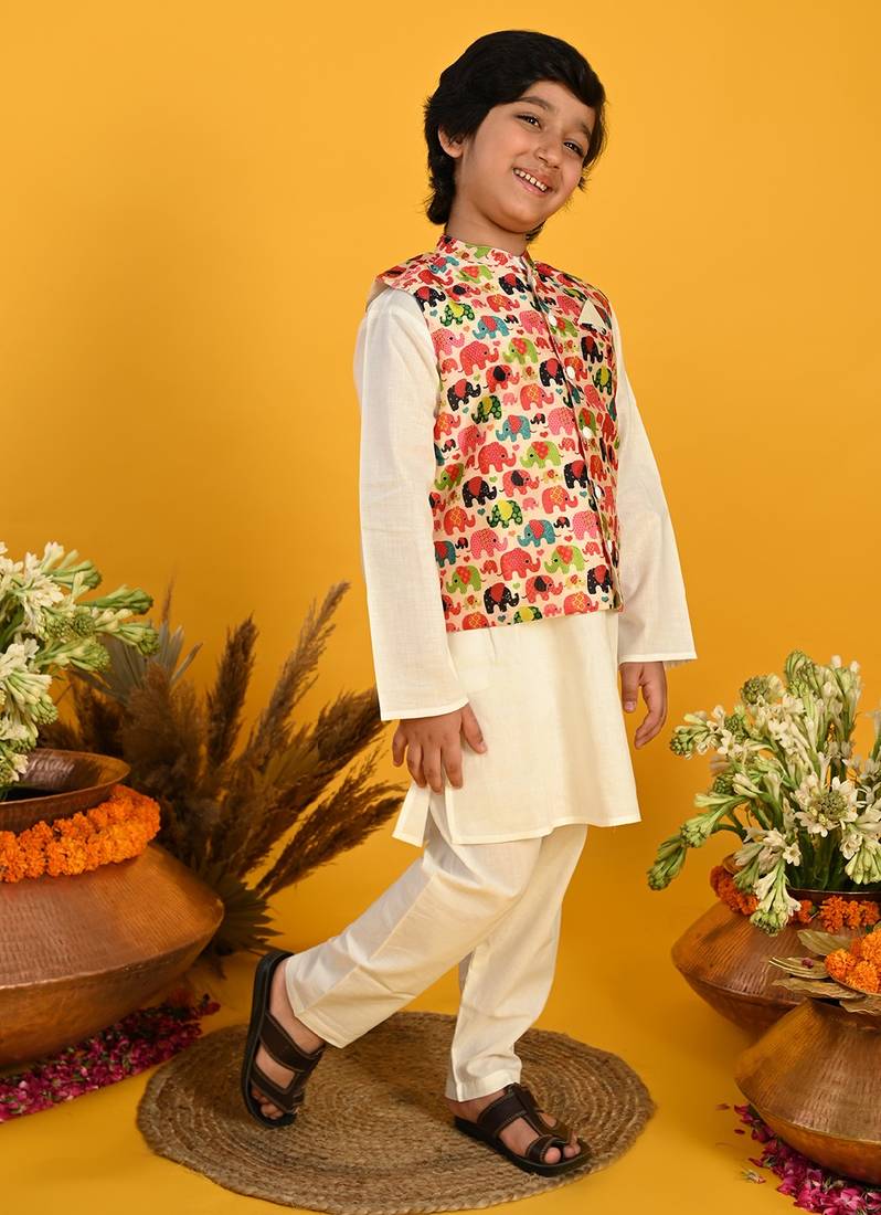 Saka Designs Boys Cream Kurta With Printed jacket & Payjama