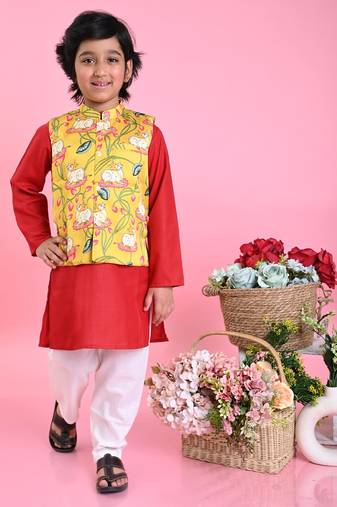 Saka Designs Boys Red Kurta With Printed jacket & Payjama