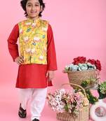 Saka Designs Boys Red Kurta With Printed jacket & Payjama
