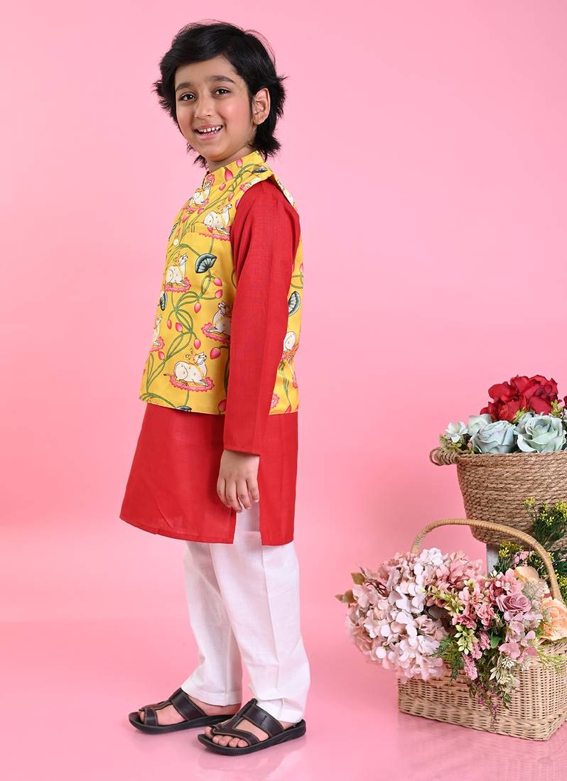 Saka Designs Boys Red Kurta With Printed jacket & Payjama