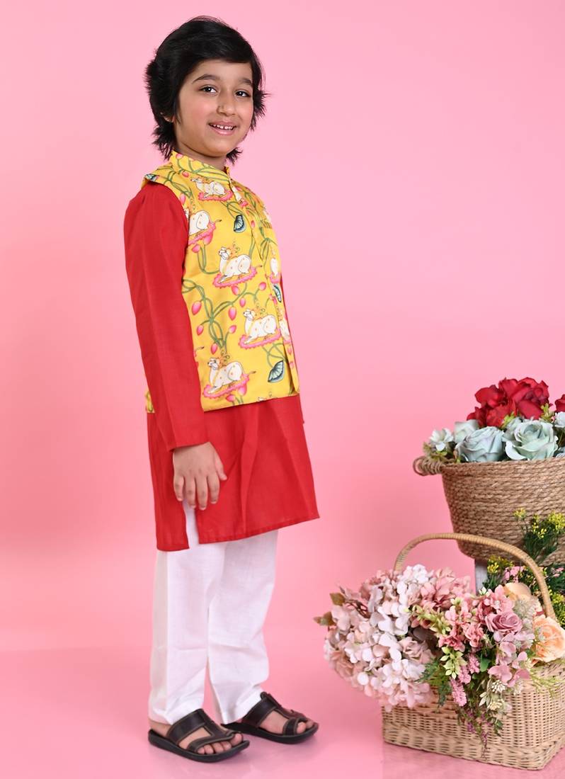 Saka Designs Boys Red Kurta With Printed jacket & Payjama