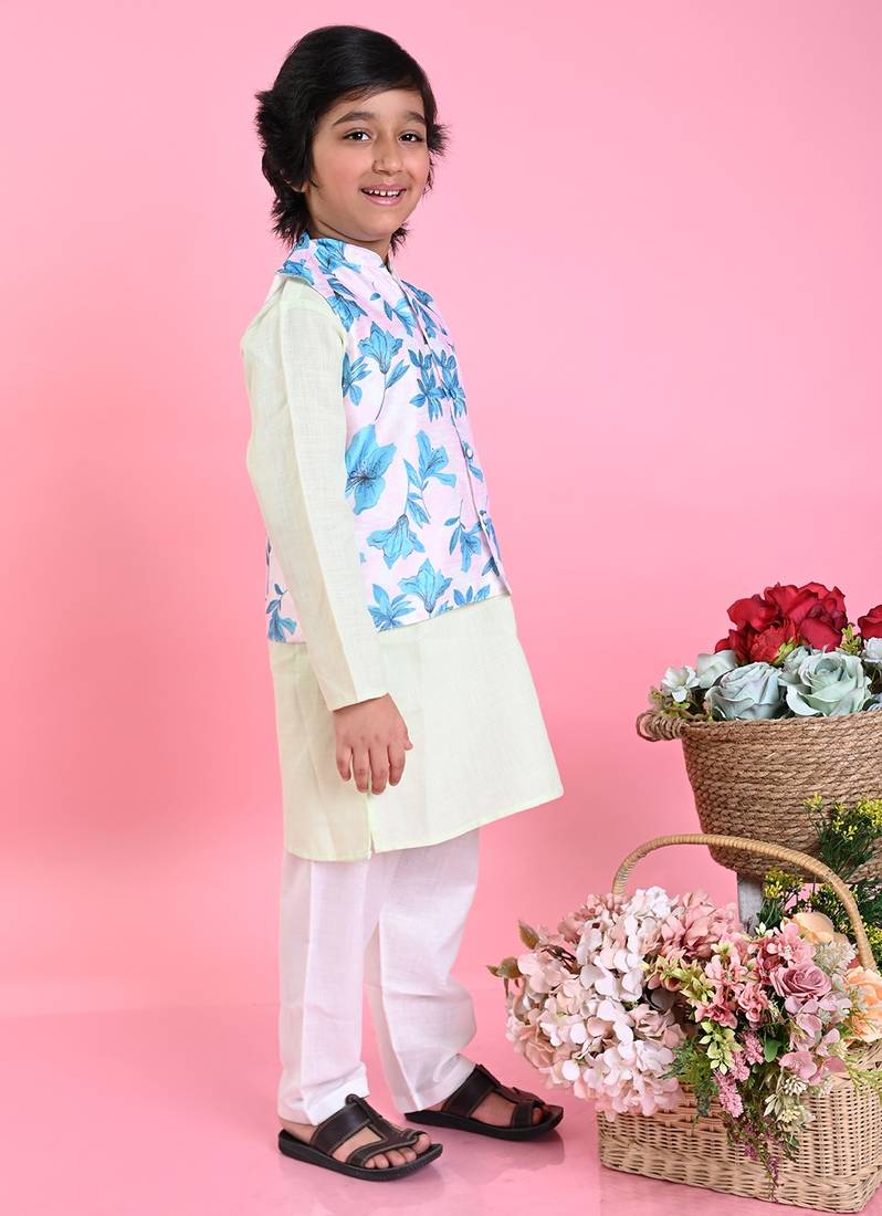 Saka Designs Boys Green Kurta With Printed jacket & Payjama