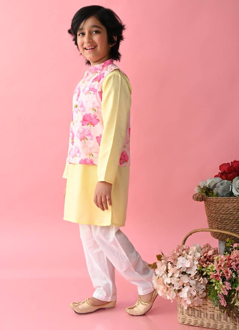 Saka Designs Boys Yellow Kurta With Printed jacket & Payjama