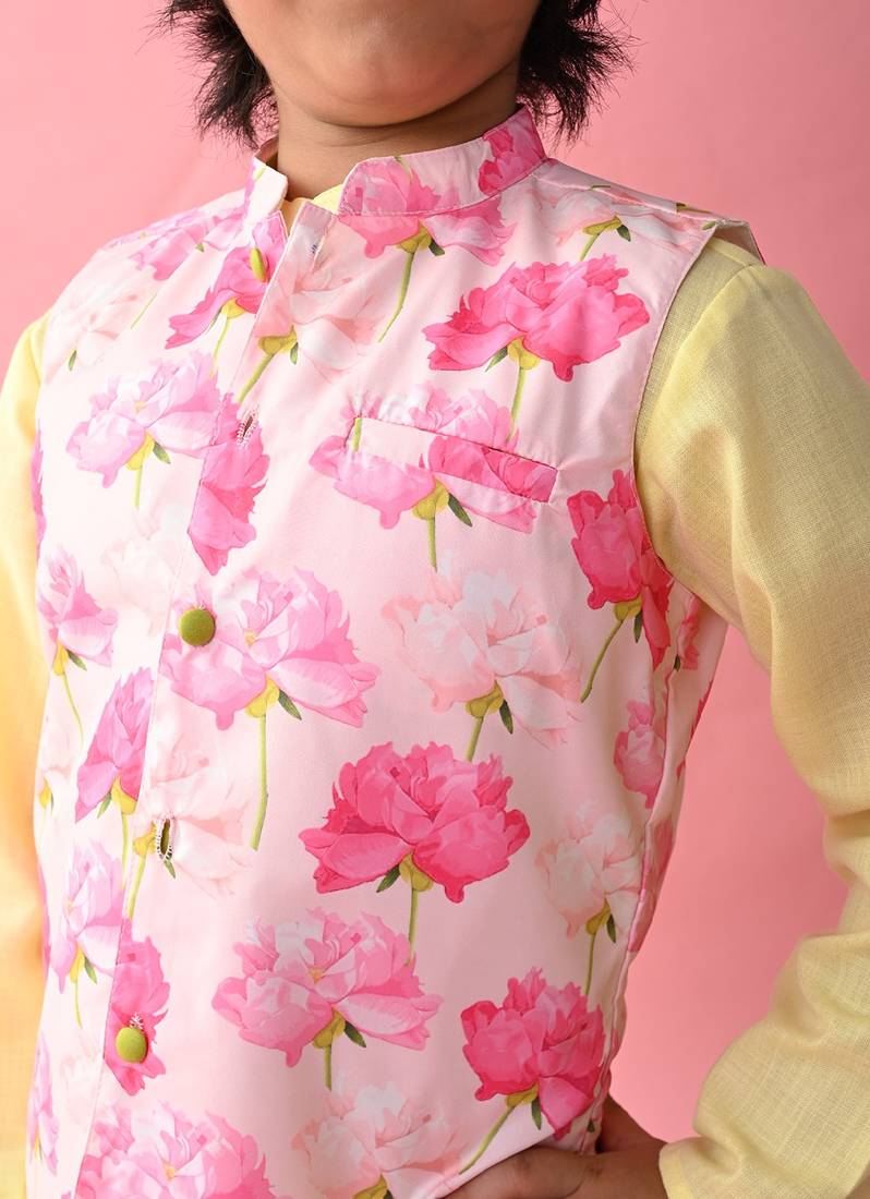 Saka Designs Boys Yellow Kurta With Printed jacket & Payjama