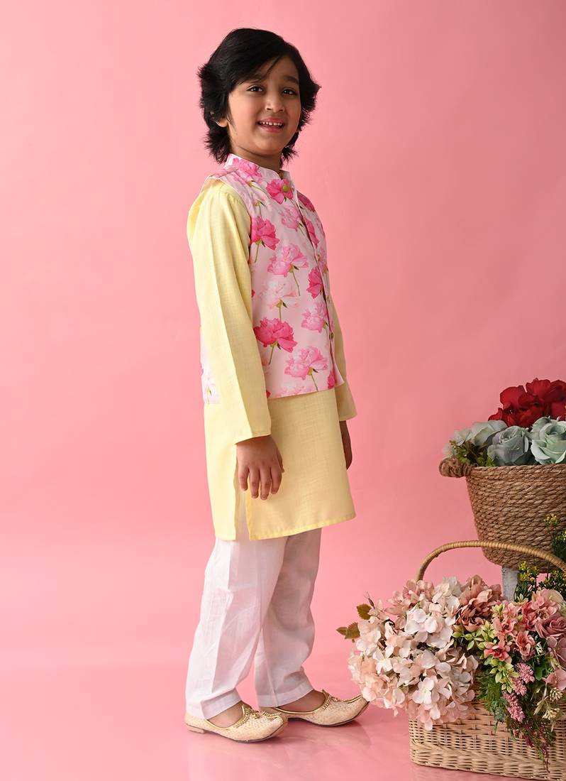 Saka Designs Boys Yellow Kurta With Printed jacket & Payjama