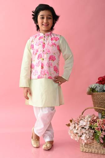 Saka Designs Boys Green Kurta With Printed jacket & Payjama