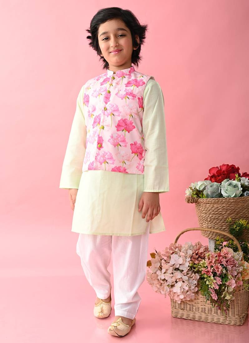 Saka Designs Boys Green Kurta With Printed jacket & Payjama