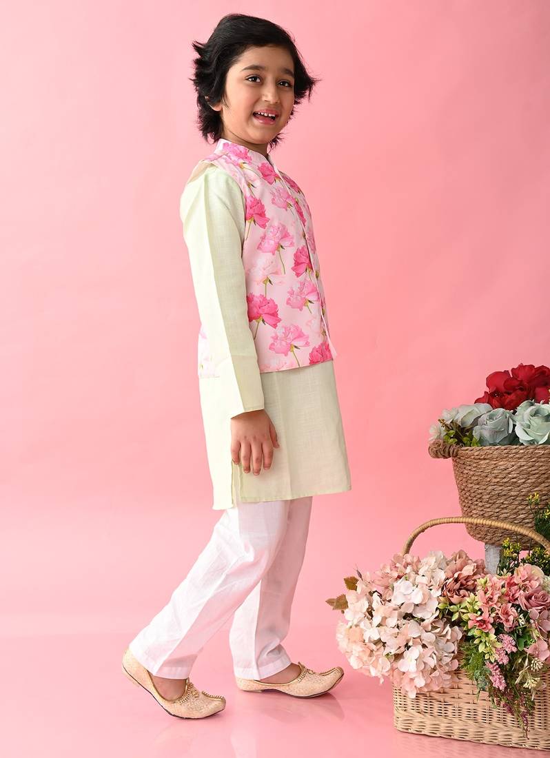 Saka Designs Boys Green Kurta With Printed jacket & Payjama