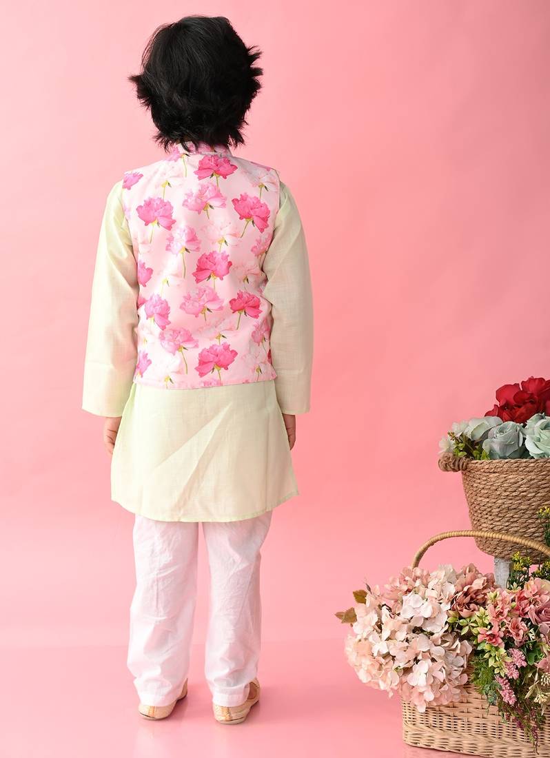 Saka Designs Boys Green Kurta With Printed jacket & Payjama