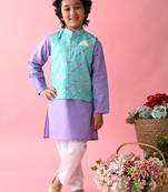 Saka Designs Boys Blue Kurta With Printed jacket & Payjama