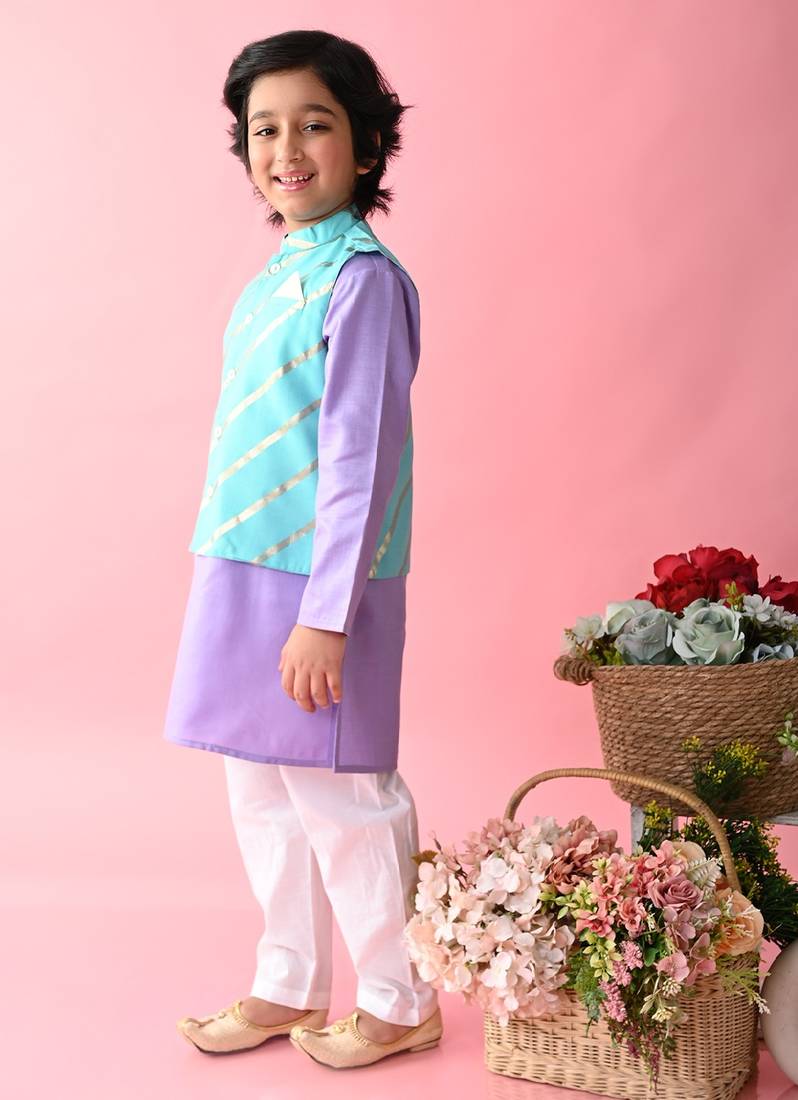 Saka Designs Boys Blue Kurta With Printed jacket & Payjama