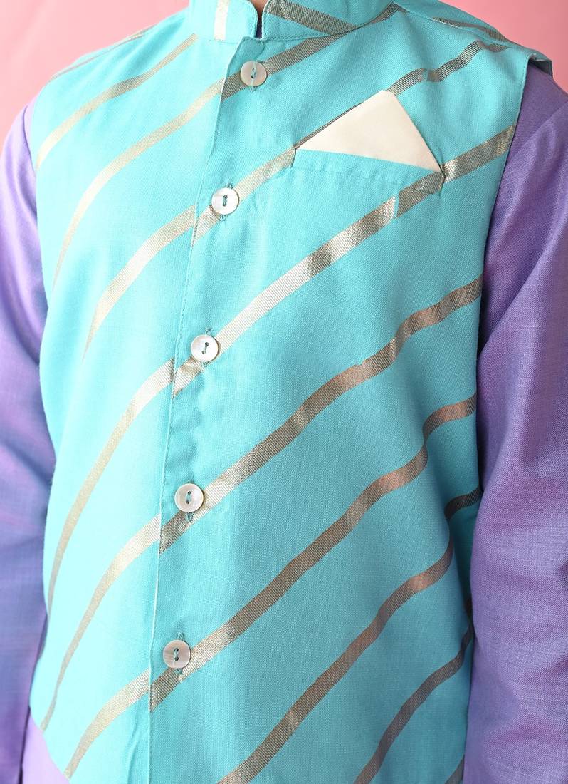 Saka Designs Boys Blue Kurta With Printed jacket & Payjama