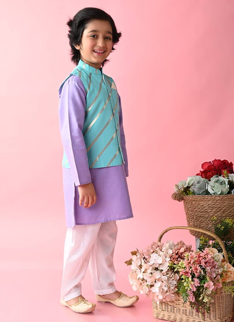 Saka Designs Boys Blue Kurta With Printed jacket & Payjama
