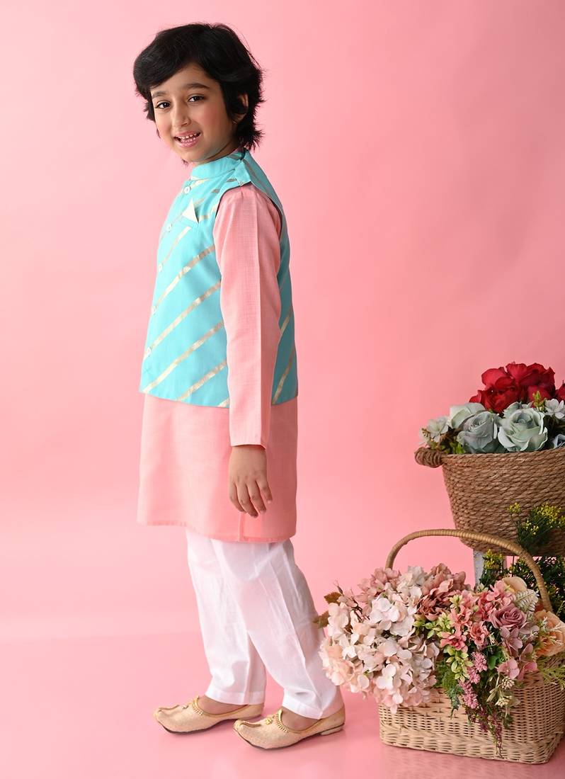 Saka Designs Boys Pink Kurta With Printed jacket & Payjama