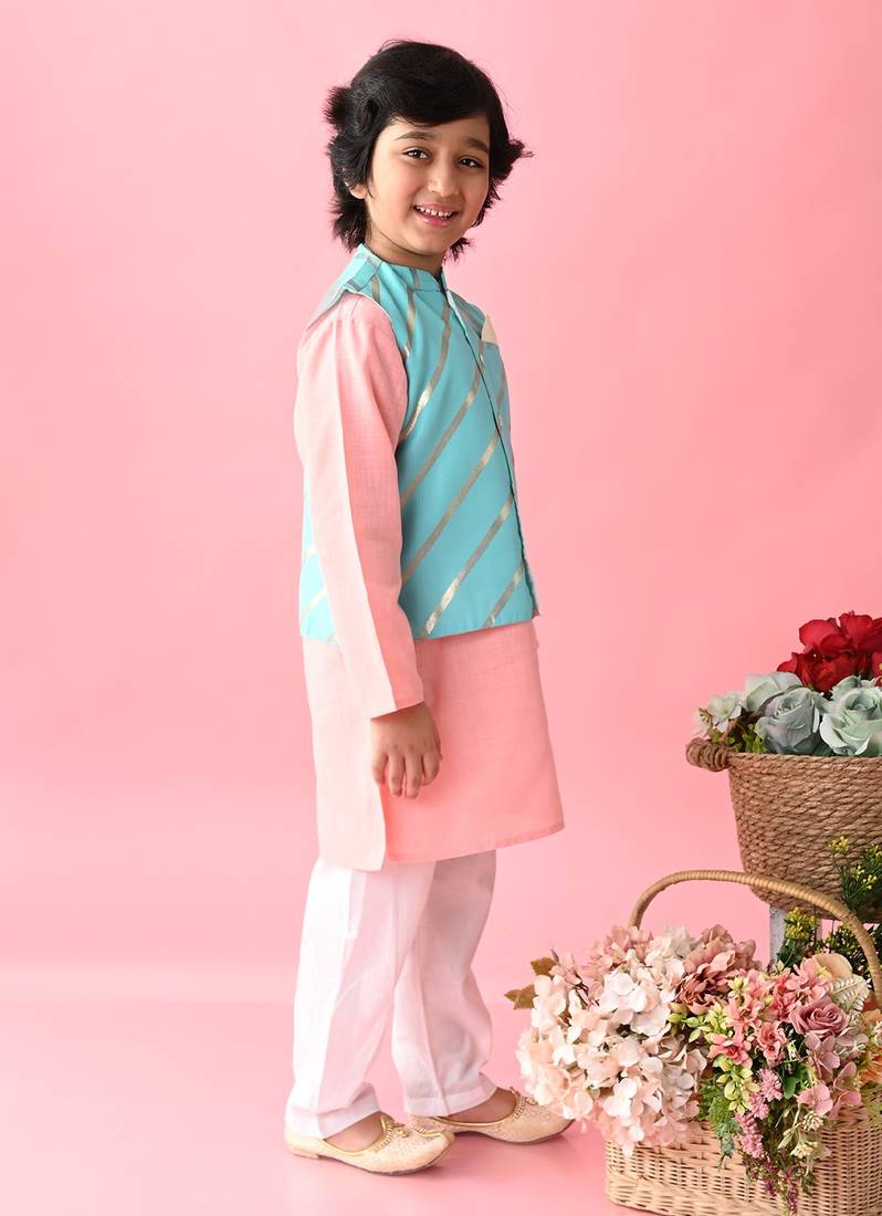 Saka Designs Boys Pink Kurta With Printed jacket & Payjama