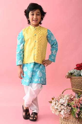 Saka Designs Boys Blue Kurta With Printed jacket & Payjama