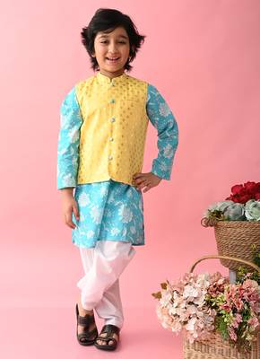 Saka Designs Boys Blue Kurta With Printed jacket & Payjama 1