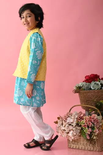 Saka Designs Boys Blue Kurta With Printed jacket & Payjama